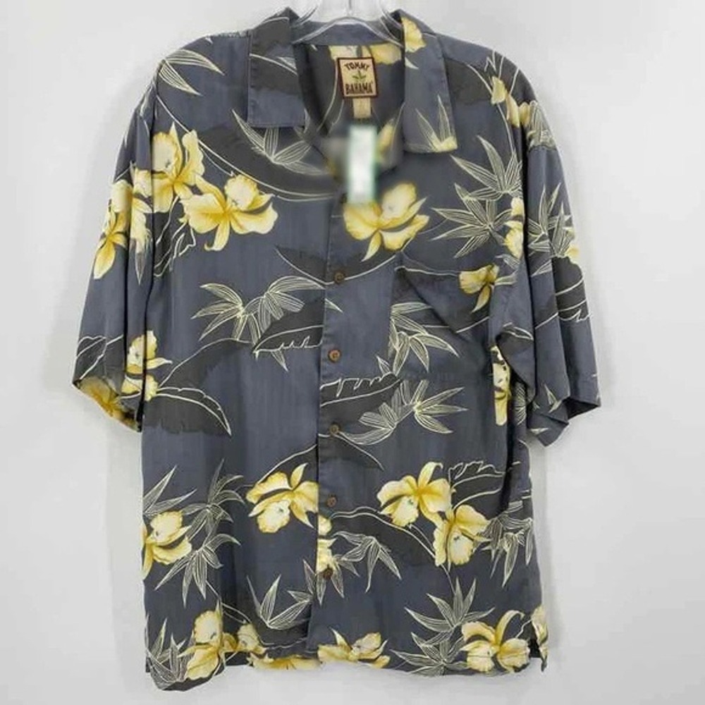 Tommy Bahama Mens Large Vintage Silk Hawaiian Button‎ Down Shirt Gray